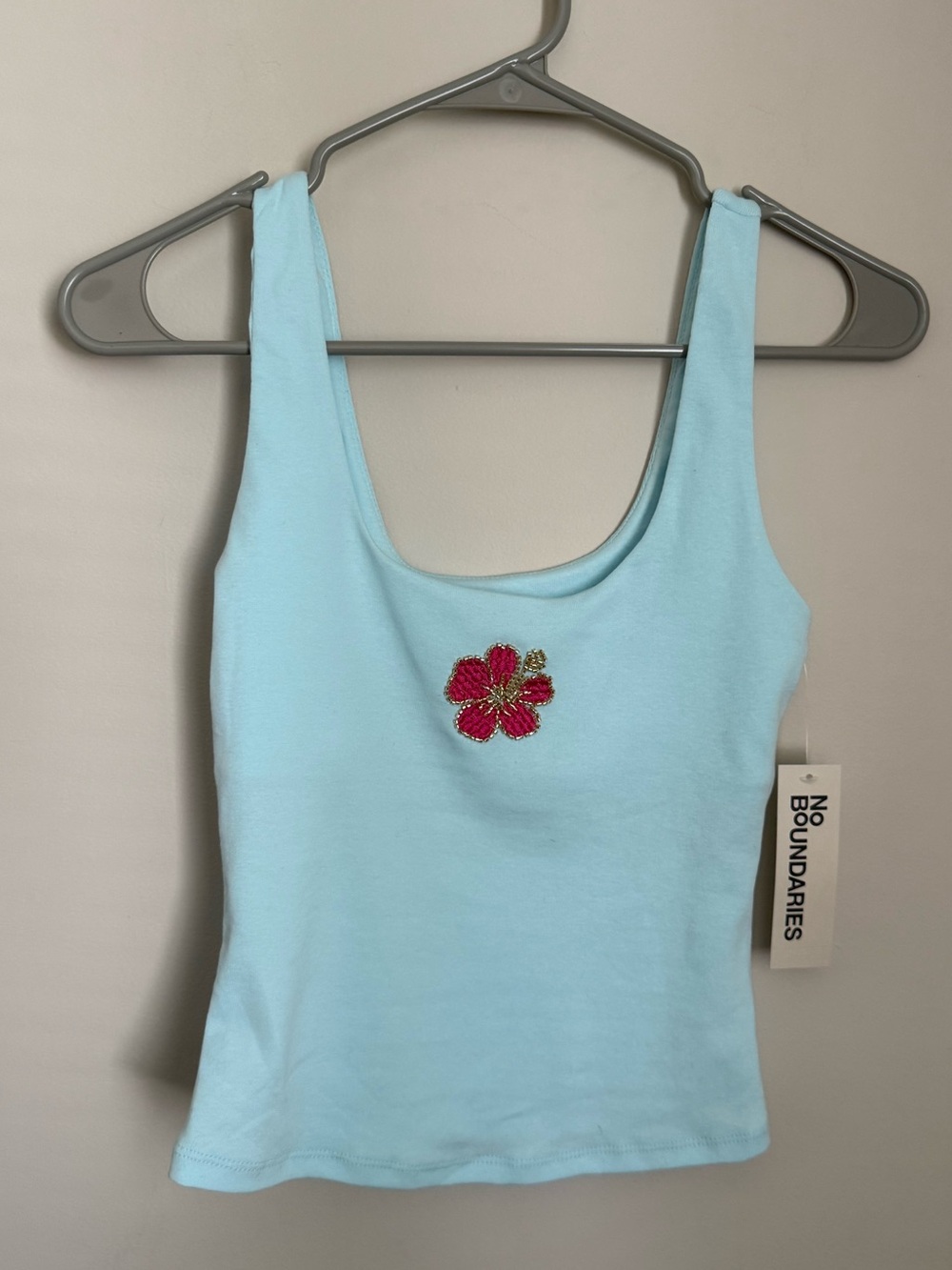 No Boundaries Light Blue Tank Top with Pink & Gold Floral Embroidery